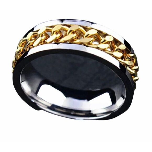 Stainless Steel Chain Spinner Ring Gold & Silver Unisex Sizes 7-10 Wedding Band - Picture 1 of 5